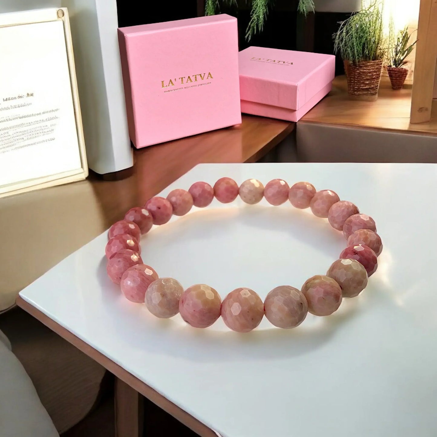 Pink Rhodonite Bracelet - Stone of Compassion and Healing - Classic Round